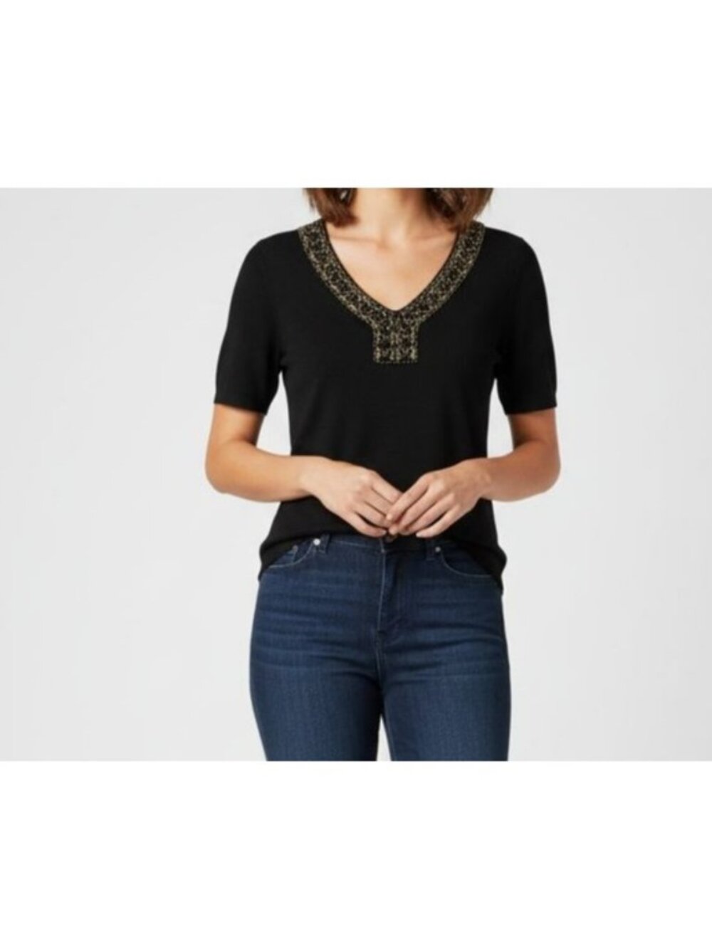 Cable & Gauge Black Beaded V Neck Top Women L Short Sleeve Gold Bronze Embellish